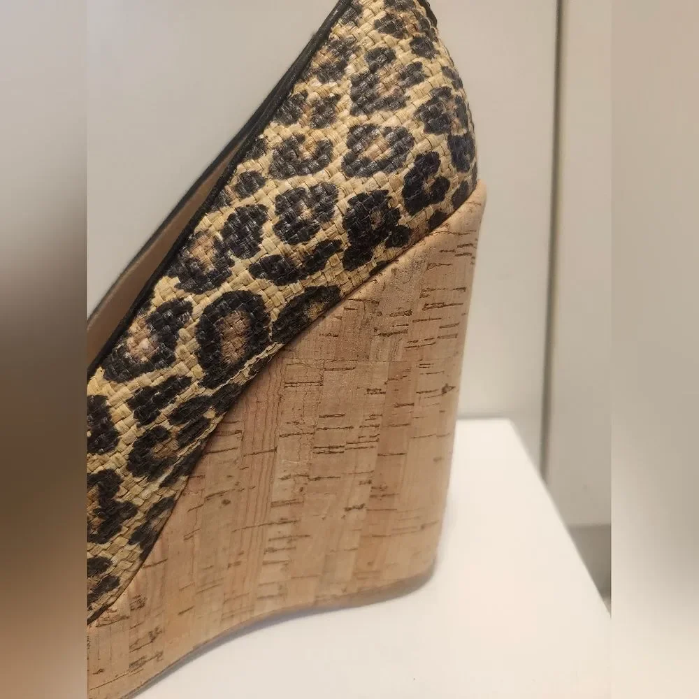 Stuart Weitzman Blk/TanLeopard Print Raffia Platform Wedge Pumps Sz.10 $395 EUC - Picture 3 of 8